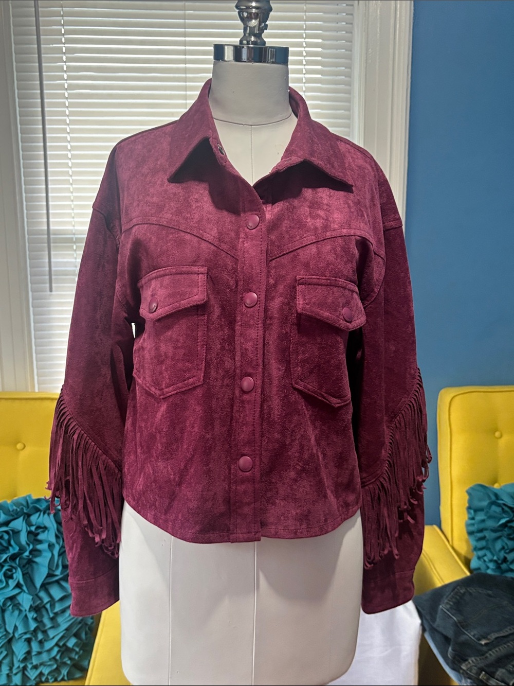 Blank NYC Burgundy Suede Fringe Button Jacket